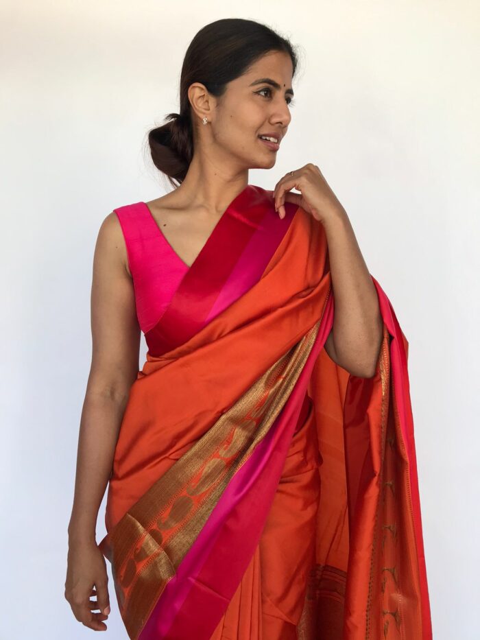 Orange Banarasi Satin Saree