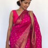 Hot Pink Banarasi Silk Saree with Gold Zari Buttas