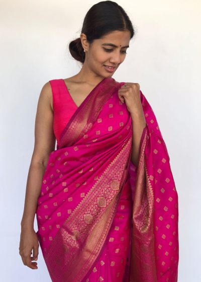 Hot Pink Banarasi Silk Saree with Gold Zari Buttas
