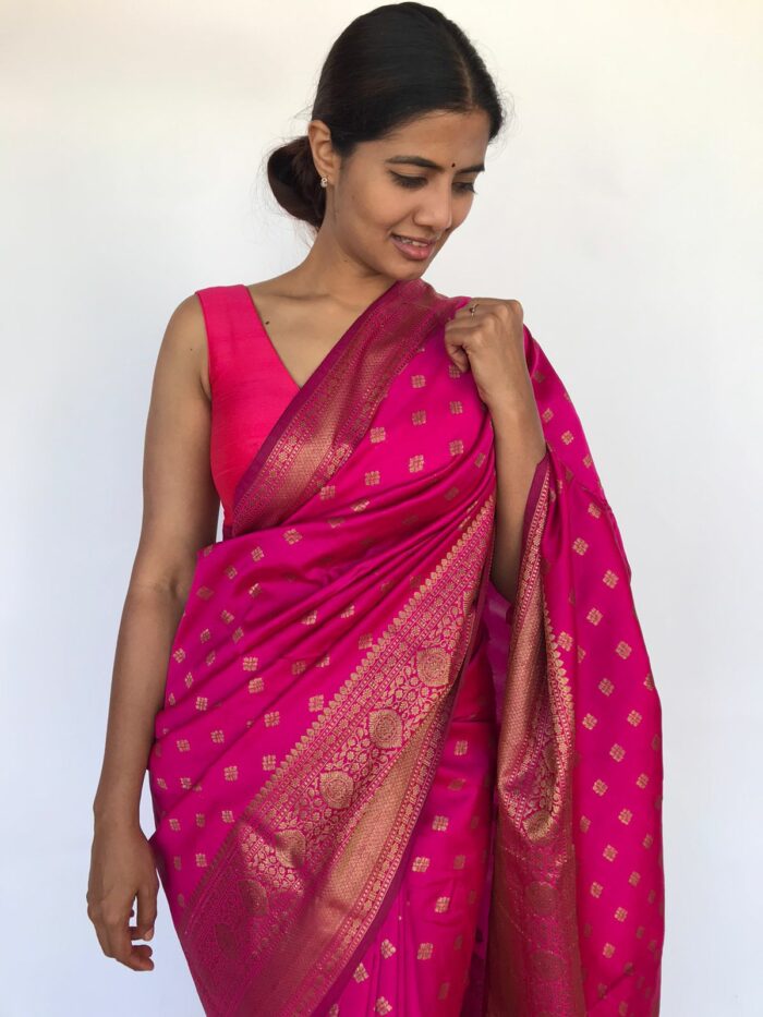 Hot Pink Banarasi Silk Saree with Gold Zari Buttas
