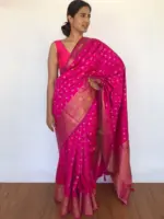 Hot Pink Banarasi Silk Saree with Tiny Gold Zari Buttas - Image 3
