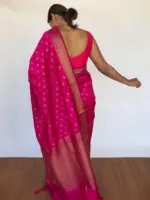 Hot Pink Banarasi Silk Saree with Tiny Gold Zari Buttas - Image 2