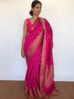 Hot Pink Banarasi Silk Saree with Tiny Gold Zari Buttas - Image 4