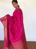 Hot Pink Banarasi Silk Saree with Tiny Gold Zari Buttas - Image 5