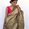 Beige Taupe Banarasi Silk Saree with Antique Gold Zari Border