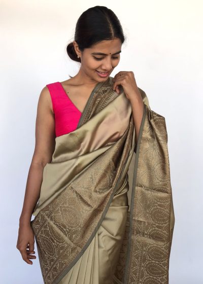 Beige Taupe Banarasi Silk Saree with Antique Gold Zari Border