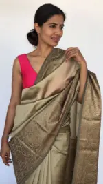 Beige Taupe Banarasi Silk Saree with Antique Gold Zari Border - Image 4