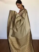 Beige Taupe Banarasi Silk Saree with Antique Gold Zari Border - Image 2