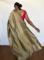 Beige Taupe Banarasi Silk Saree with Antique Gold Zari Border - Image 5
