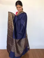 Navyblue Banarasi Silk Saree with Antique Gold Zari Border - Image 2
