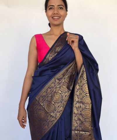 Navyblue Banarasi Silk Saree with Antique Gold Zari Border