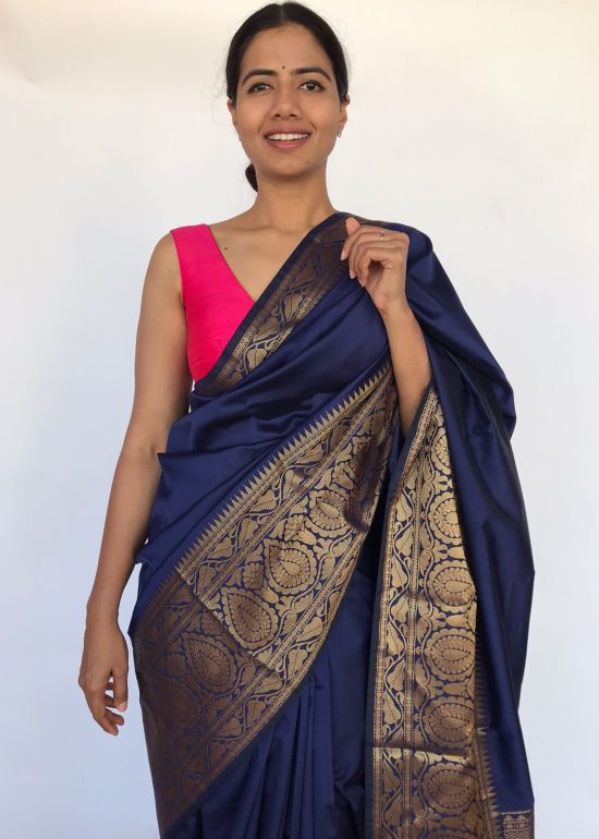 Navyblue Banarasi Silk Saree with Antique Gold Zari Border