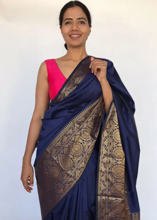 Navyblue Banarasi Silk Saree with Antique Gold Zari Border
