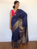 Navyblue Banarasi Silk Saree with Antique Gold Zari Border - Image 4