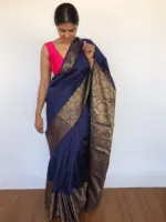 Navyblue Banarasi Silk Saree with Antique Gold Zari Border - Image 3