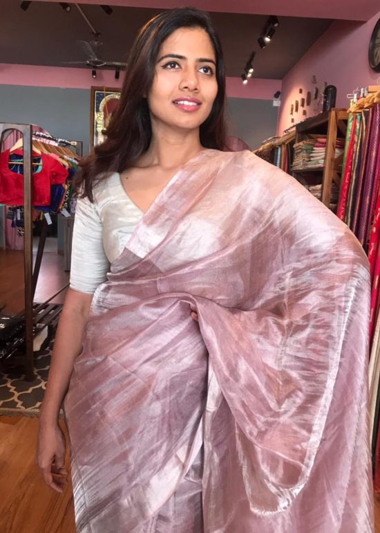 Onion Pink Tissue Silk Saree with Silver Zari Border