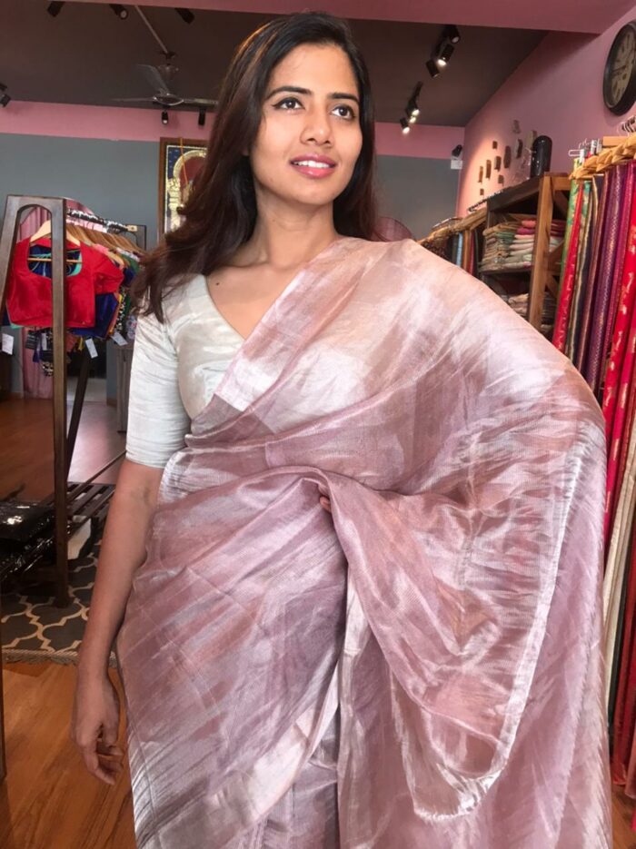 Onion Pink Tissue Silk Saree with Silver Zari Border