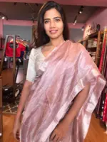 Onion Pink Tissue Silk Saree highlighted with Silver Zari Border - Image 5