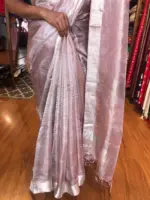 Onion Pink Tissue Silk Saree highlighted with Silver Zari Border - Image 4
