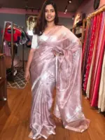 Onion Pink Tissue Silk Saree highlighted with Silver Zari Border - Image 3