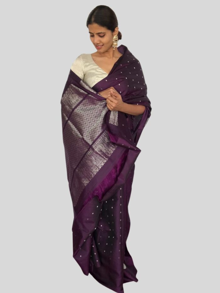 Eggplant Purple Kanjivaram Silk Saree with Handwoven Silver Zari Motifs