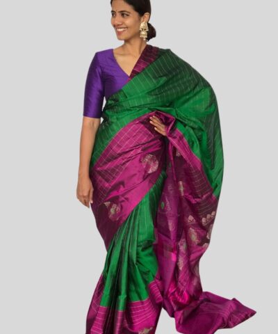 Bottle Green Kanjivaram Silk Saree with Handwoven Silver Zari Weaves