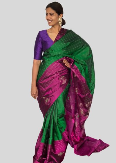 Bottle Green Kanjivaram Silk Saree with Handwoven Silver Zari Weaves