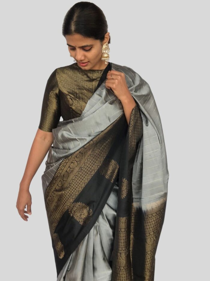 Grey Kanjivaram Silk Saree with Handwoven Gold zari weaves