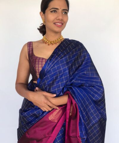 Royal Blue Kanjivaram saree with Gold Zari checks