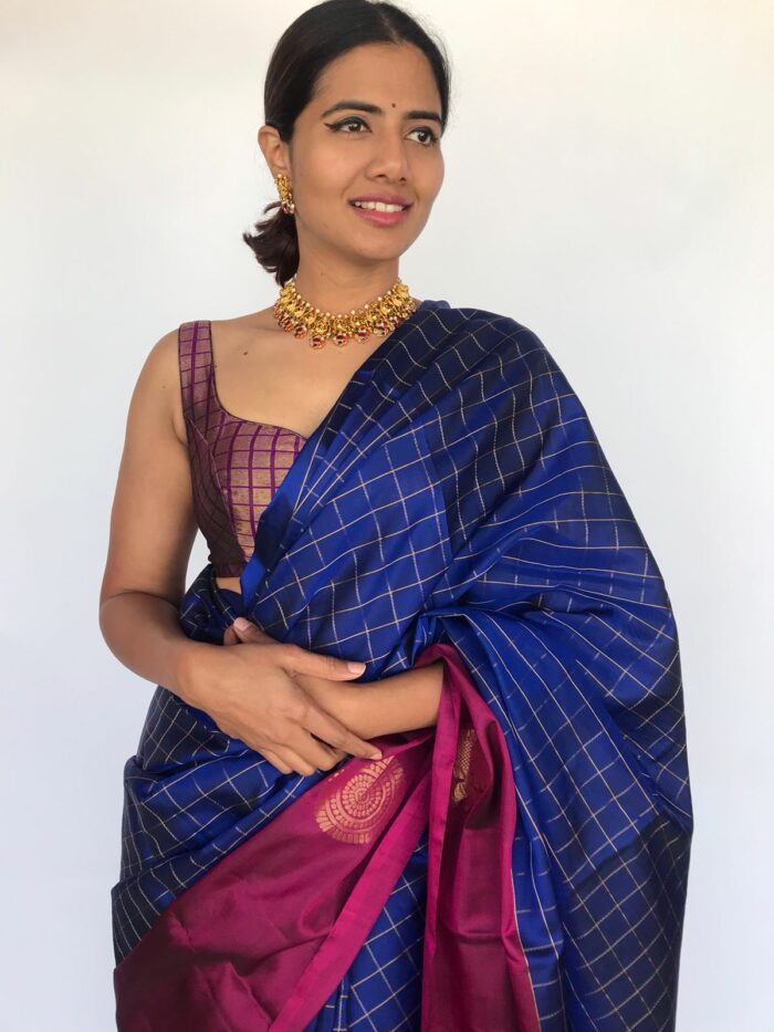 Royal Blue Kanjivaram saree with Gold Zari checks