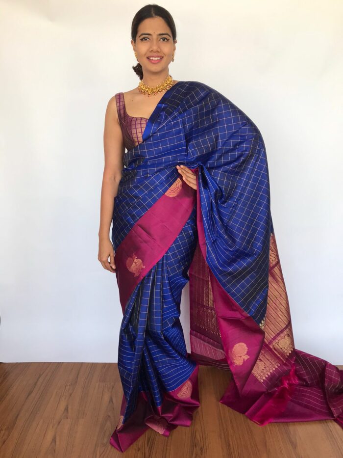 Royal Blue Kanjivaram Silk Saree with Gold Zari checks