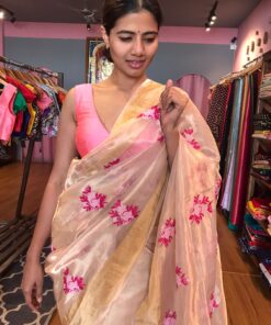 Gold Tissue Silk Saree with Pink Floral Embroidery