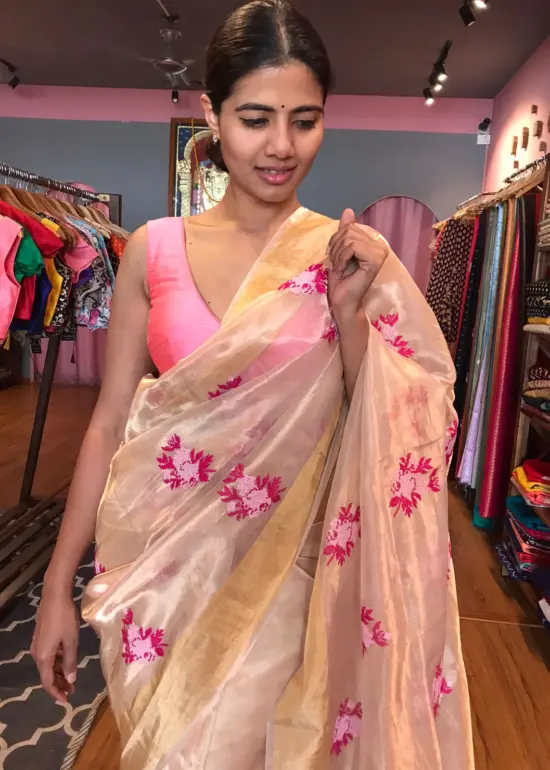 Gold Tissue Silk Saree with Pink Floral Embroidery