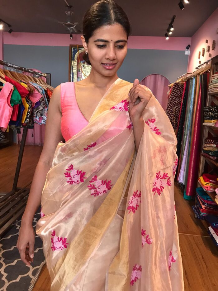 Gold Tissue Silk Saree with Pink Floral Embroidery