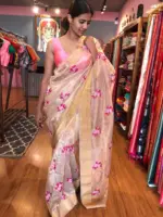Gold Tissue Silk Saree with Pink Floral Embroidery - Image 4
