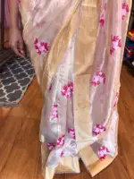 Gold Tissue Silk Saree with Pink Floral Embroidery - Image 3