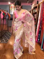 Gold Tissue Silk Saree with Pink Floral Embroidery - Image 5