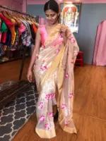 Gold Tissue Silk Saree with Pink Floral Embroidery - Image 2