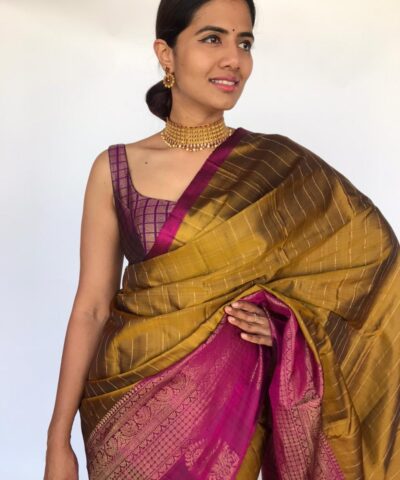 Mustard Kanjivaram Saree with Gold Zari Weaves