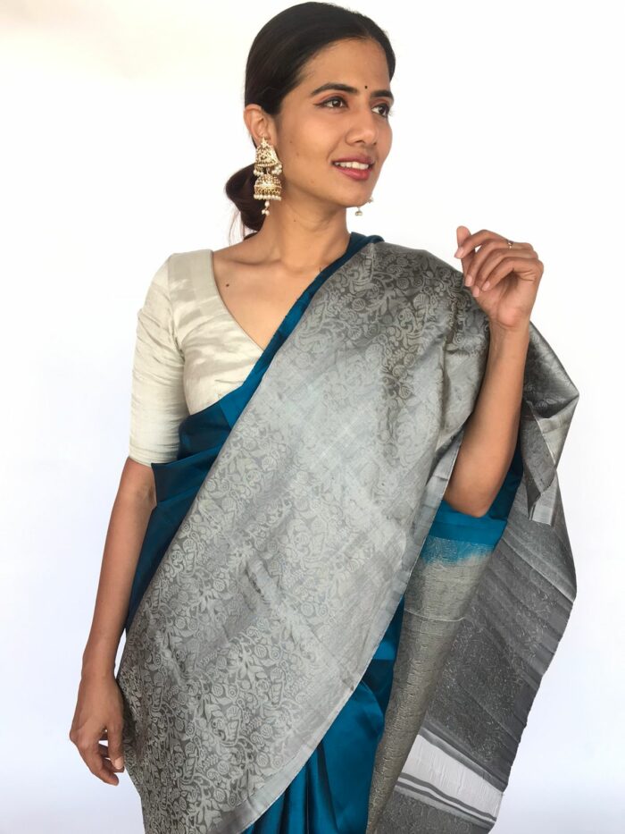 Ocean Blue Kanjeevaram Silver Zari Silk Saree