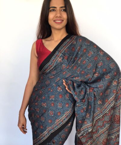 Pure Blue Ajrakh Modal Silk Saree with Hand Block Prints