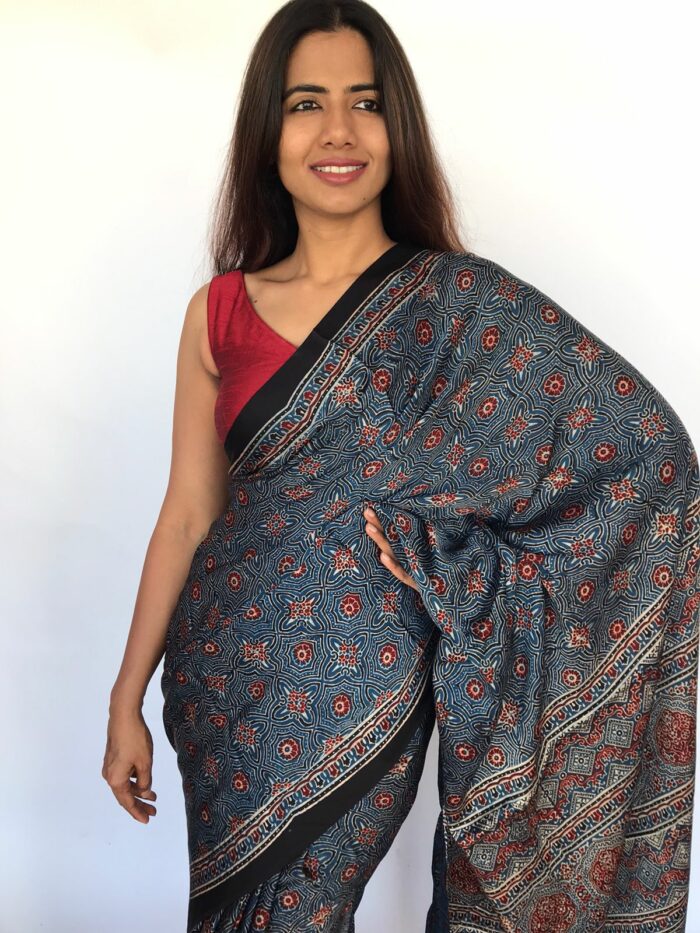 Pure Blue Ajrakh Modal Silk Saree with Hand Block Prints