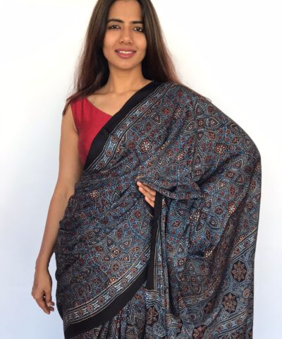 Pure Dark Blue Ajrakh Modal Silk Saree with Hand Block Prints