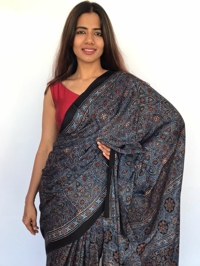 Pure Dark Blue Ajrakh Modal Silk Saree with Hand Block Prints