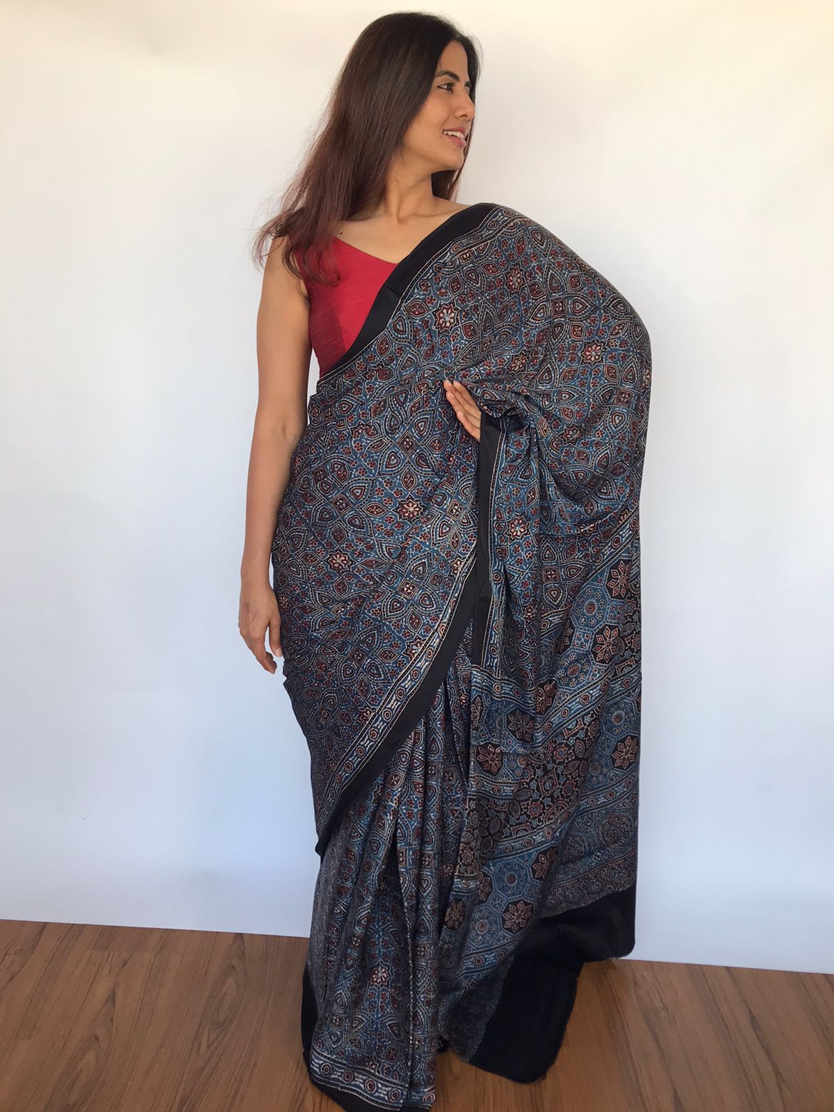 Pure Dark Blue Ajrakh Modal Silk Saree with Hand Block Prints