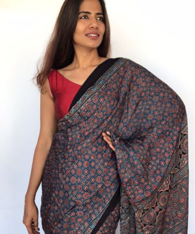 Blue Modal Ajrakh Saree with Hand Block Prints