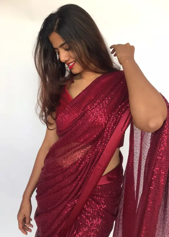 Maroon Georgette Sequin Saree with Embroidery