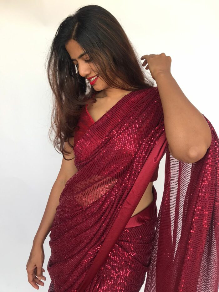 Maroon Georgette Sequin Saree with Embroidery