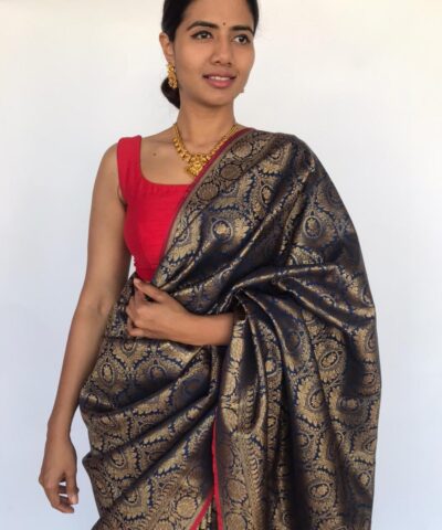 Navy Blue Banarasi Silk Saree with Antique Zari Weaves