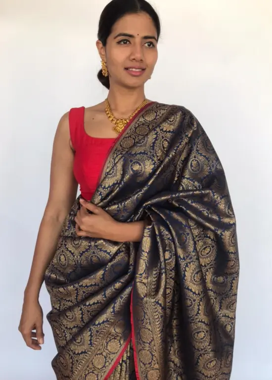 Navy Blue Banarasi Silk Saree with Antique Zari Weaves